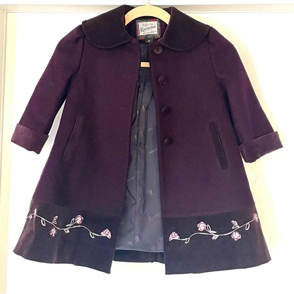 Rothschild vintage wool/velvet pea coat, purple, floral embroidery, 2T, GUC